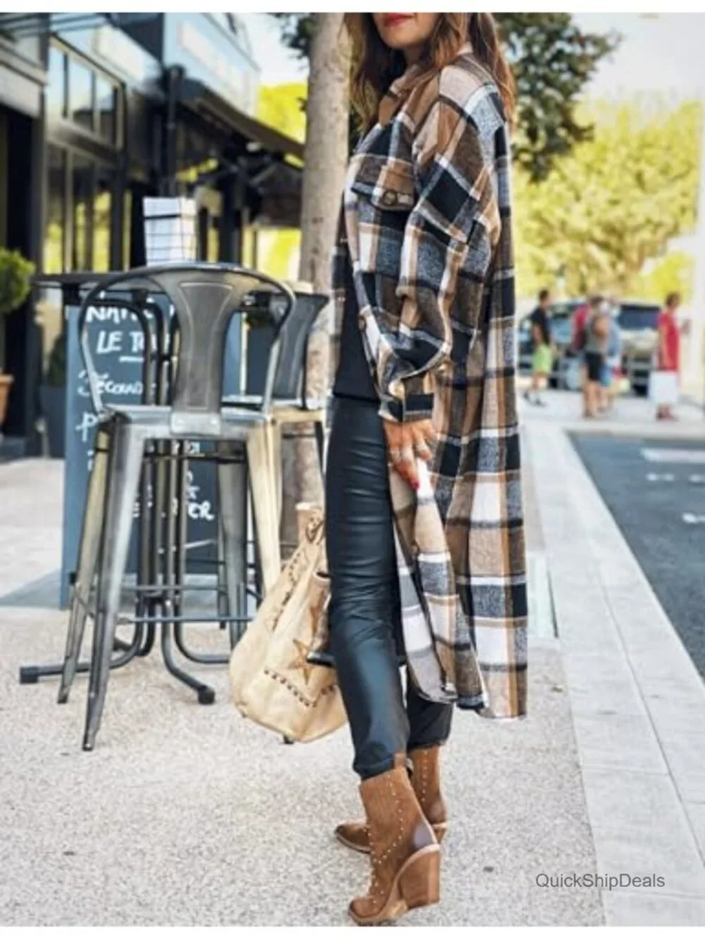 Oversized Flannel Plaid Shacket, Polyester Long Sleeve Button Down, 4 Pockets